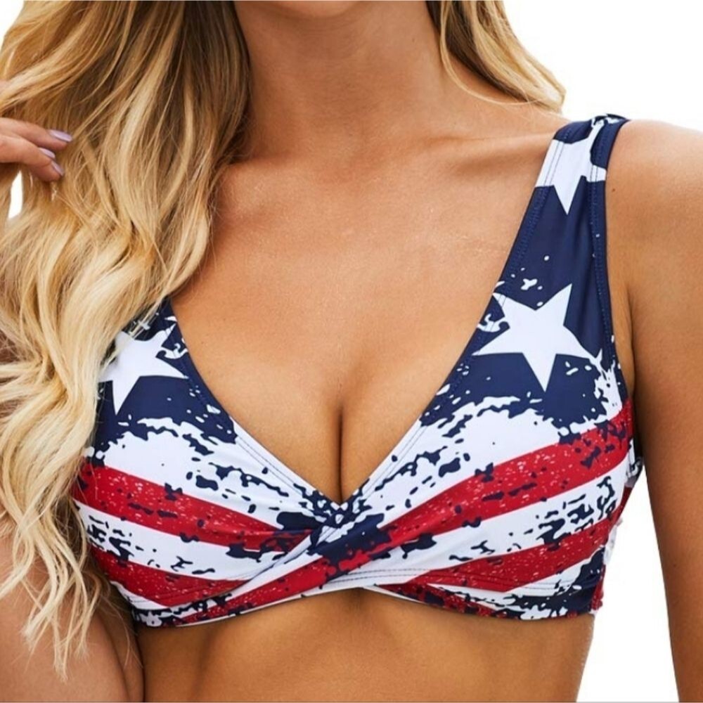 SHEIN Stars Stripes US Flag Patriotic Bikini Top Removable Padding, Sz L